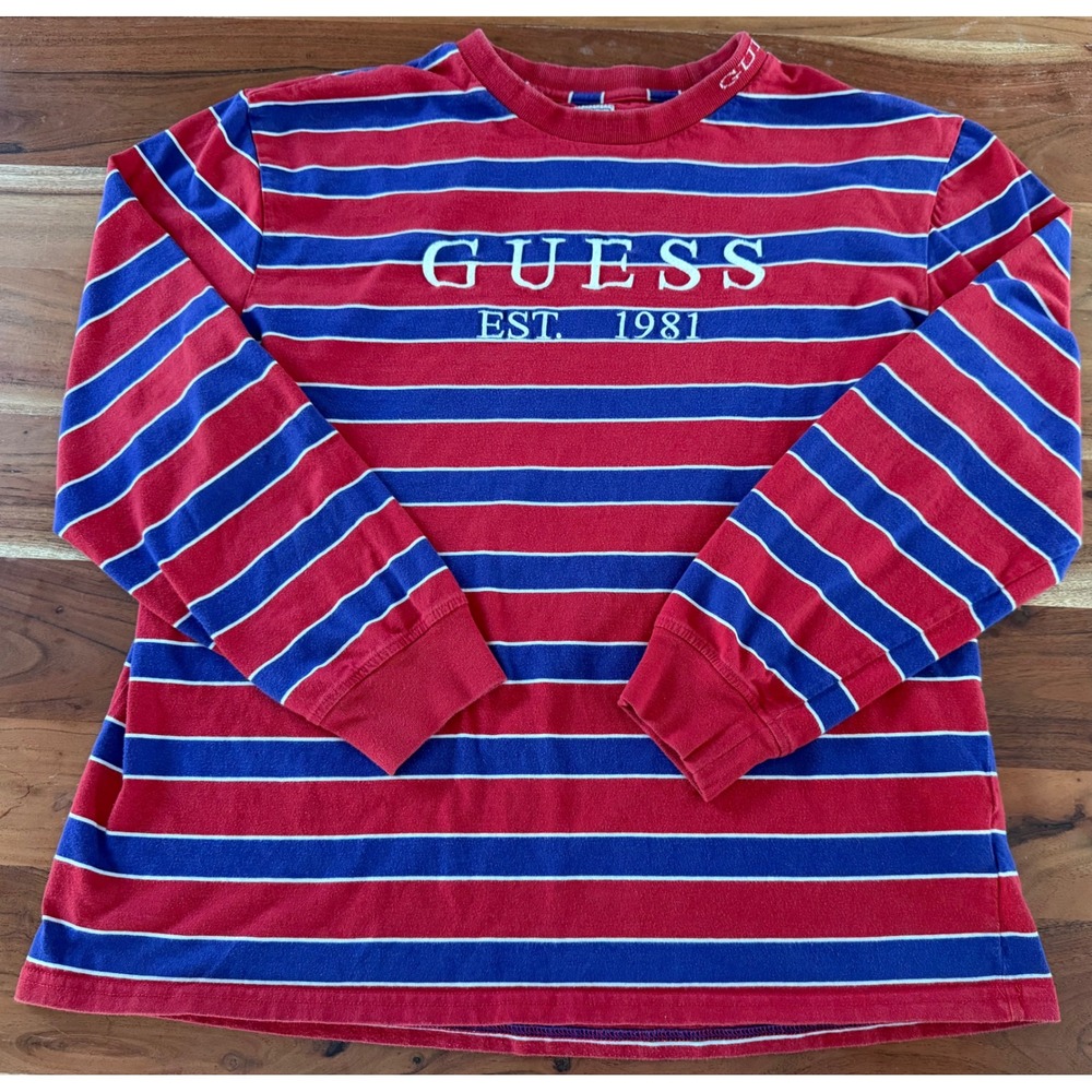 Guess Mens Est 1981 Striped Long Sleeve T-Shirt Red Blue White Large